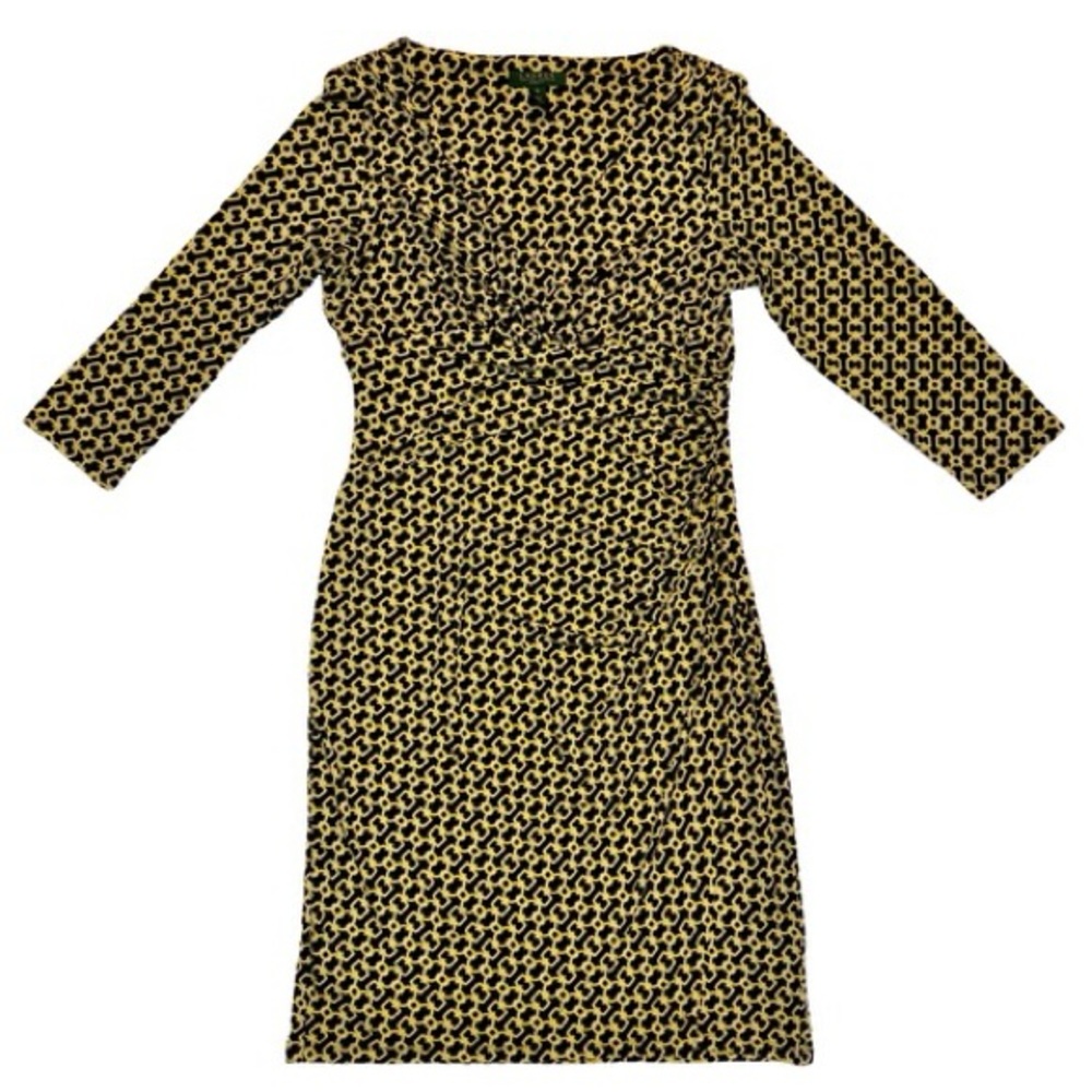 LAUREN BY RALPH LAUREN BLACK/YELLOW LINK CHAIN PRINT DRESS SIZE 10